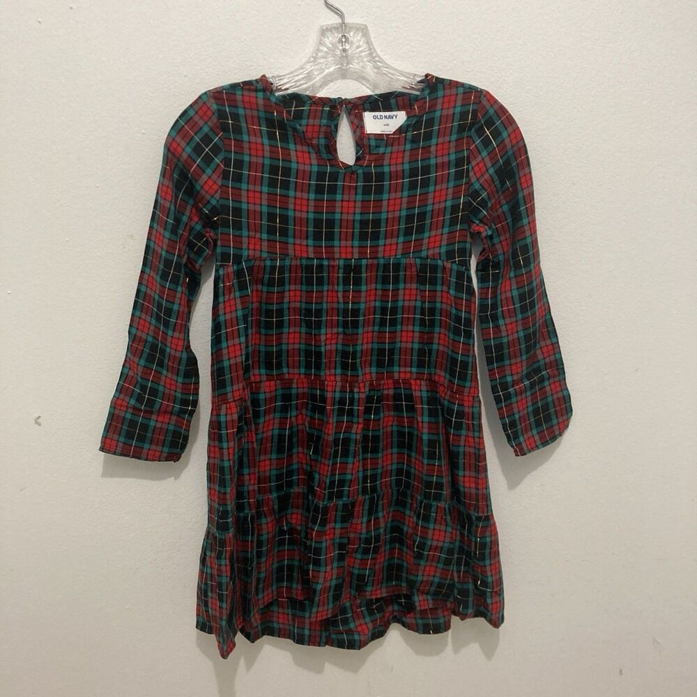 OLD NAVY red green multicolor plaid long sleeve tiered holiday dress M(8) - Picture 1 of 8